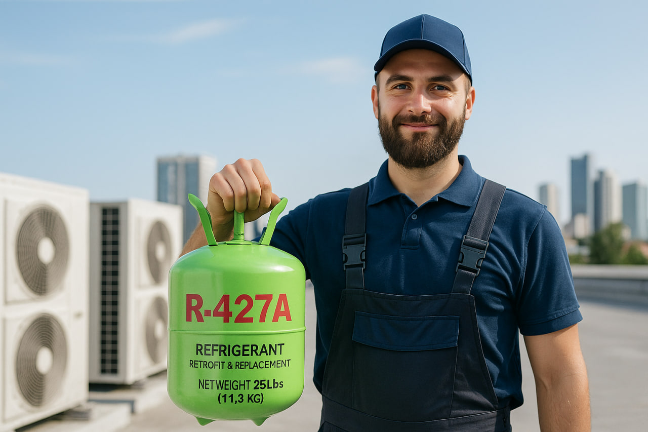 Professional holding a BlueCylinder refrigerant tank